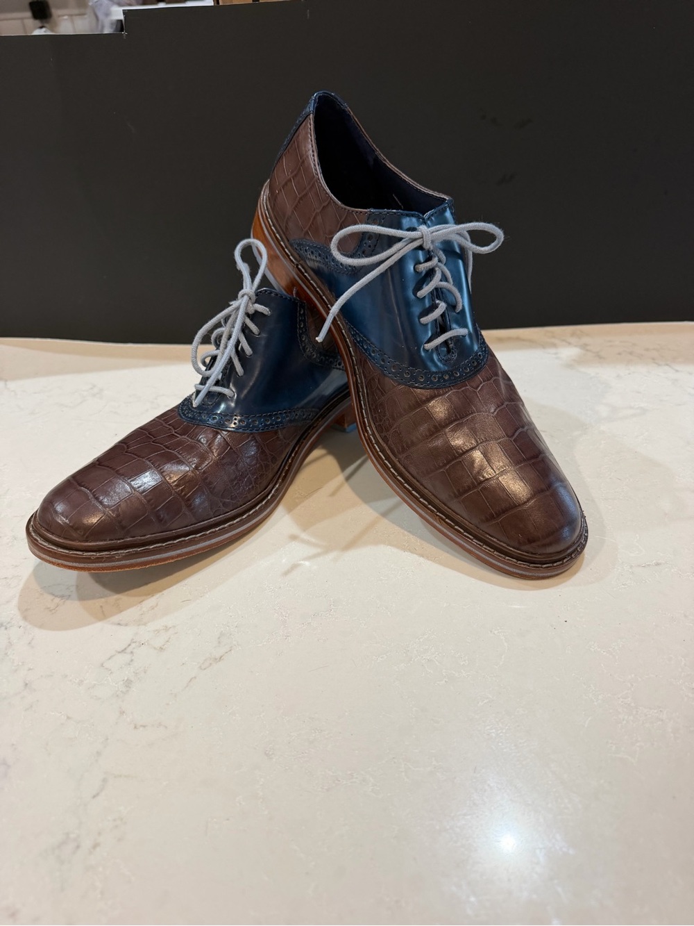Men's Cole Haan Colton Saddle Oxfords Two-Tone Brown and Blue Leather